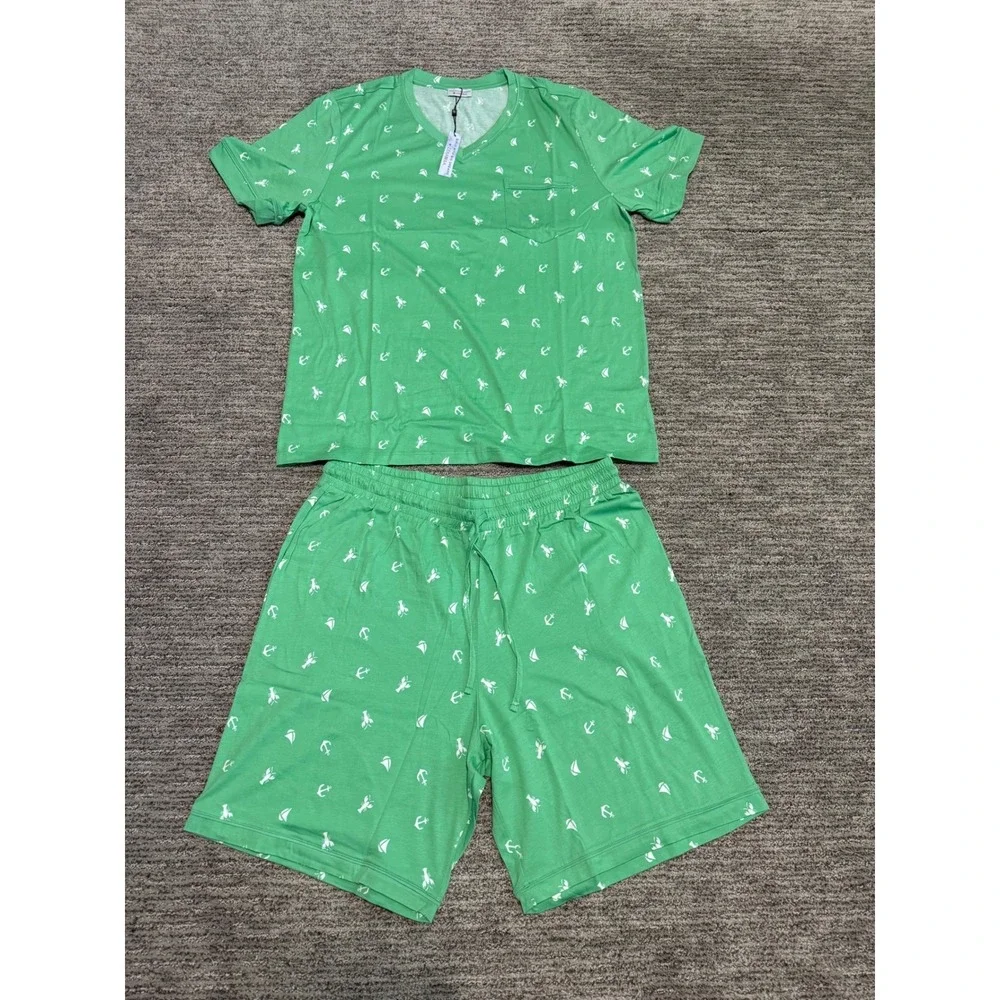 Cosabella Mens Road Trip Lounge Set Green Nautical Anchor Lobster Print Large